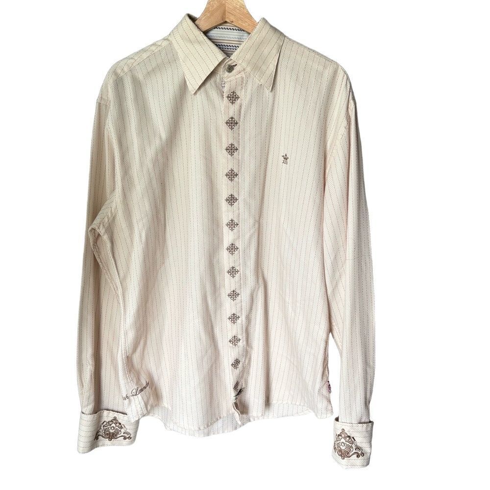 English Factory Shirt XL Embroidered Ivory Blue Striped Point Collar Artistic